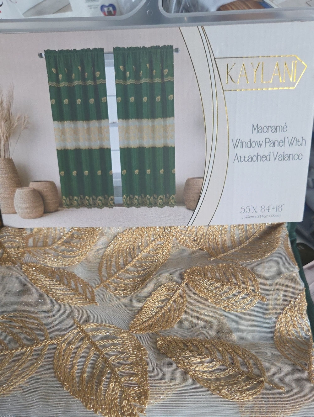 Green and Gold Macramé Window Panel with Attached Valance